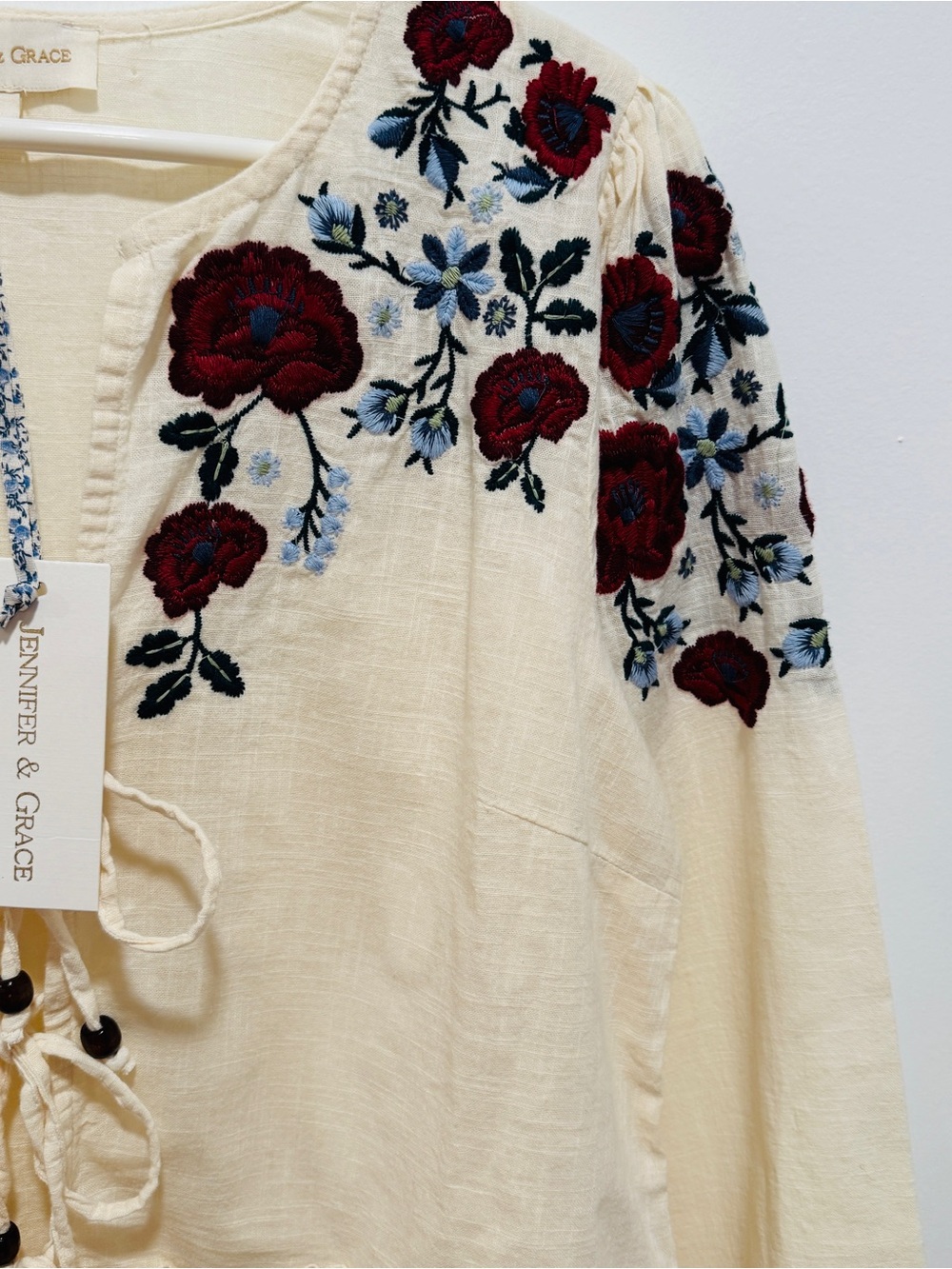 Jennifer & Grace Cream Embroidered Floral Lace-Trim Blouse - Picture 4 of 11